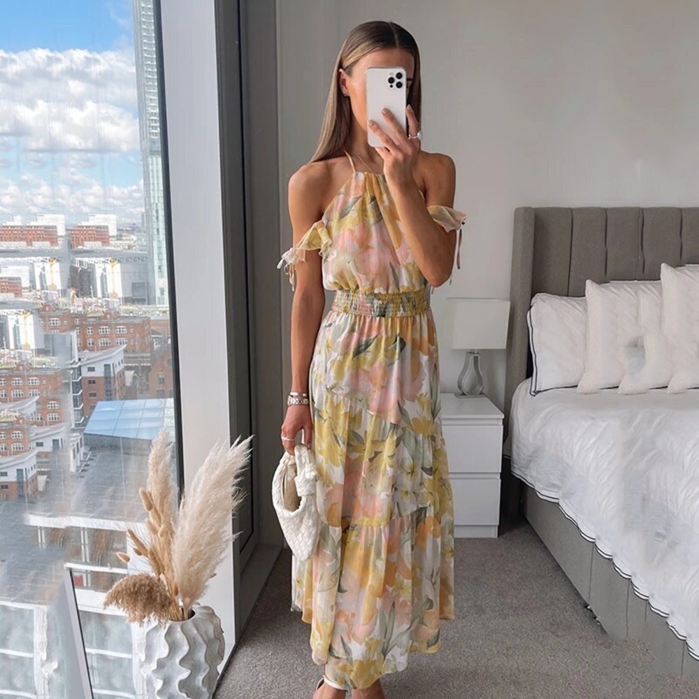 Zara Metallic Thread Floral Print Ruffle Dress NWT Size XL - Picture 1 of 16